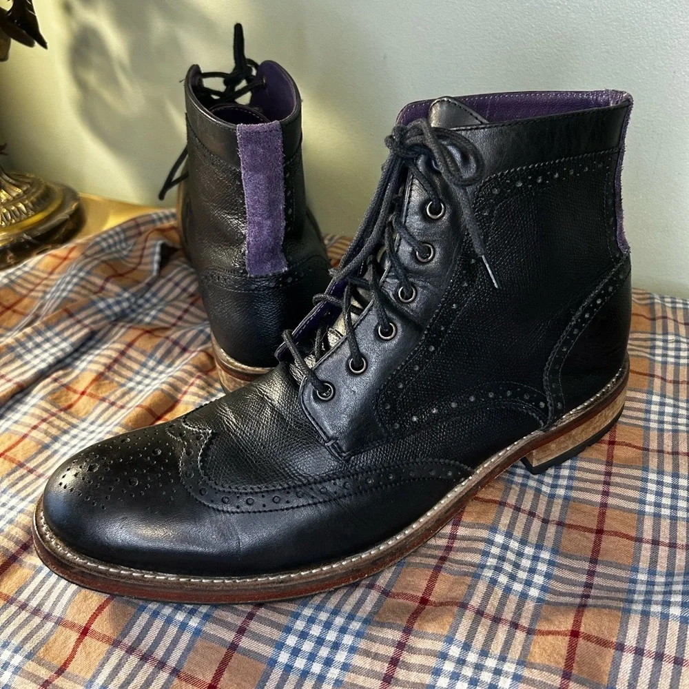 Ted Baker Sealls 3 Black & Purple Accent Leather Wing-tip Brogue Boots